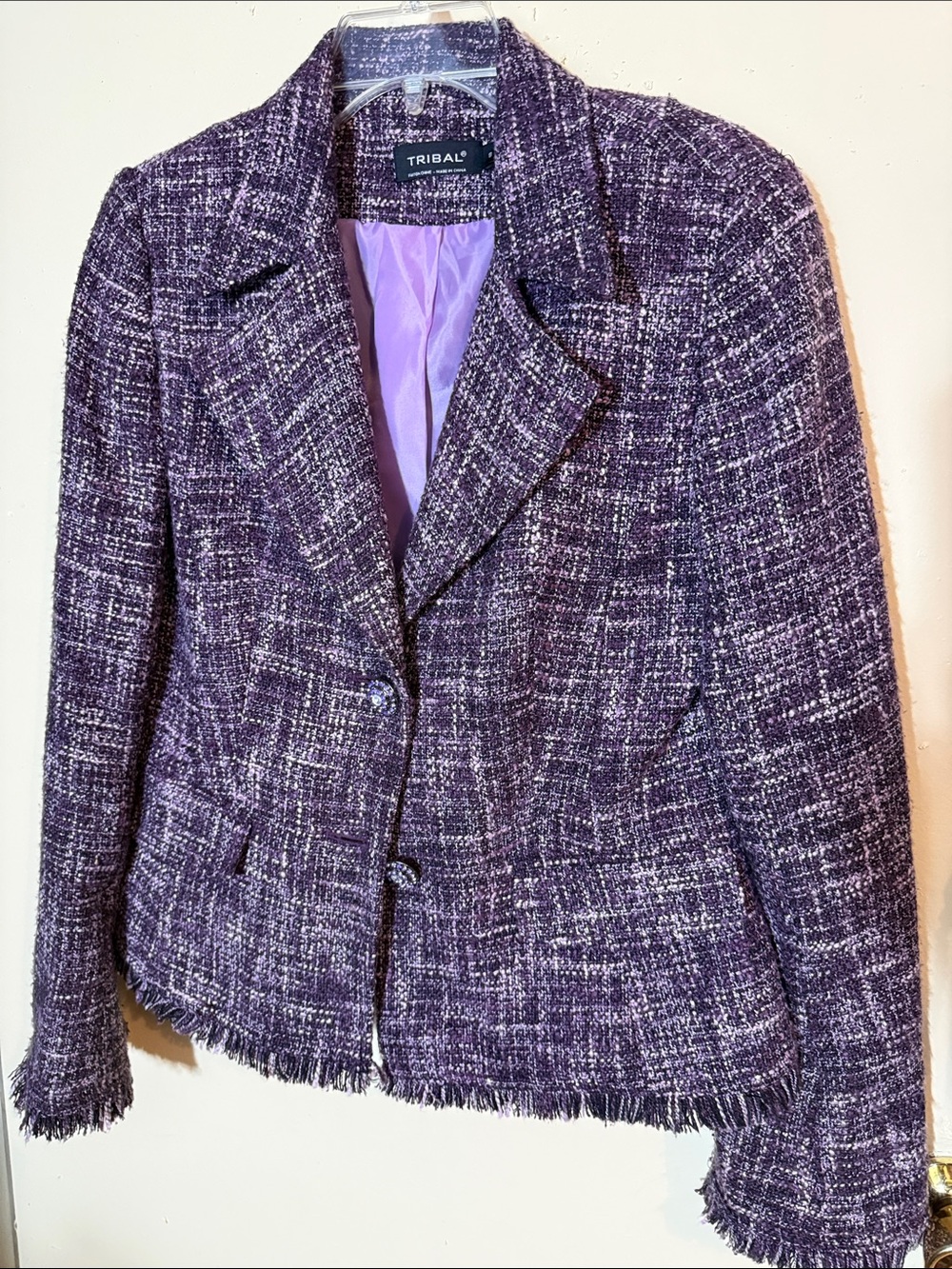 Tribal Purple Tweed Fringe-Trim Blazer
